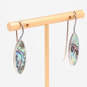 Vintage Sterling Silver Oval Abalone Fish Hook Earrings